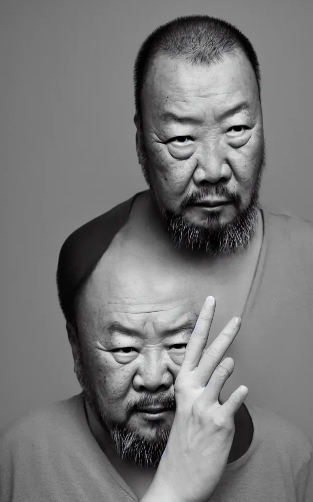 Prompt: Photography Portrait of Ai Wei wei looking angry into the camera showing his middle finger, blue soft light, 50 mm