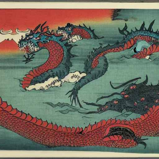 Prompt: A sea of dragons by Utagawa Kuniyoshi, ukiyo-e, nightmare ocean storm