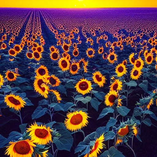 Prompt: a sunflower field is on fire in midnight