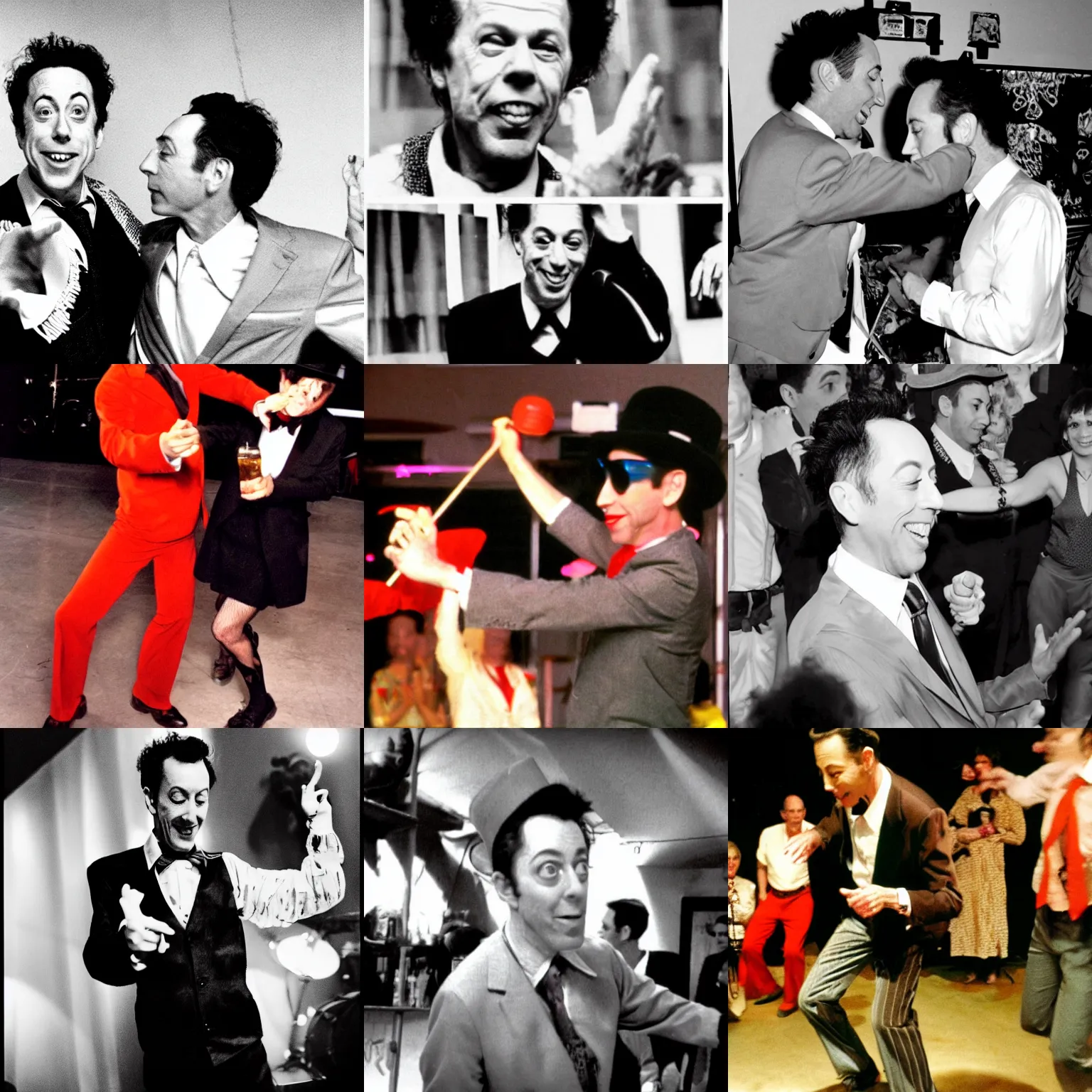 Prompt: tom waits dressed as peewee herman dancing to tequila