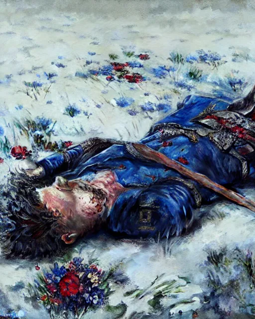 Image similar to Highly realistic oil painting of a wounded knight lying in the snow, surrounded by blue flowers, blood on flowers, by greg rutkowski, highly detailed, cinematic lighting, moody, dark