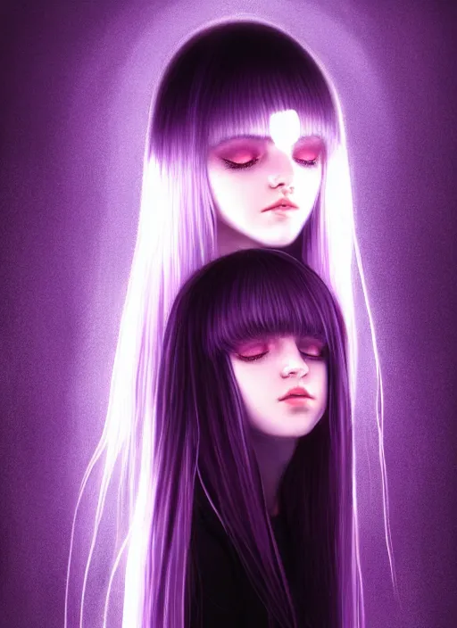 Image similar to hair whitebangs hair, black hair, whitebangs, portrait of teenage girl with white bangs, red irises, purple clothes, white bangs, bangs are different color from hair, intricate, elegant, glowing lights, highly detailed, digital painting, artstation, concept art, smooth, sharp focus, illustration, art by wlop, mars ravelo and greg rutkowski