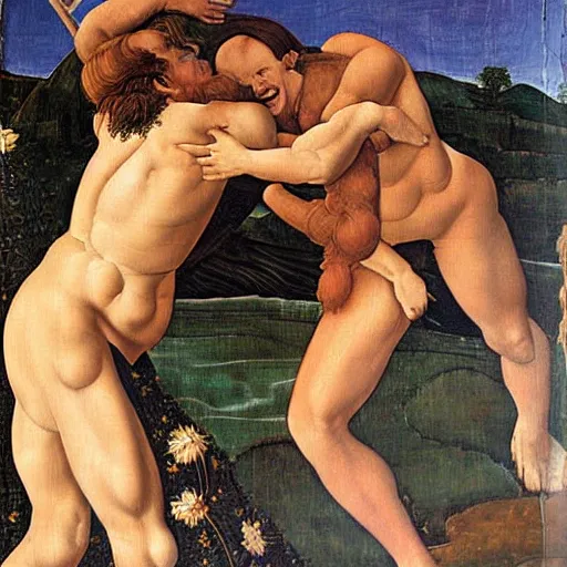 Image similar to conan o'brien and andy richter wrestling, by sandro botticelli, oil on canvas