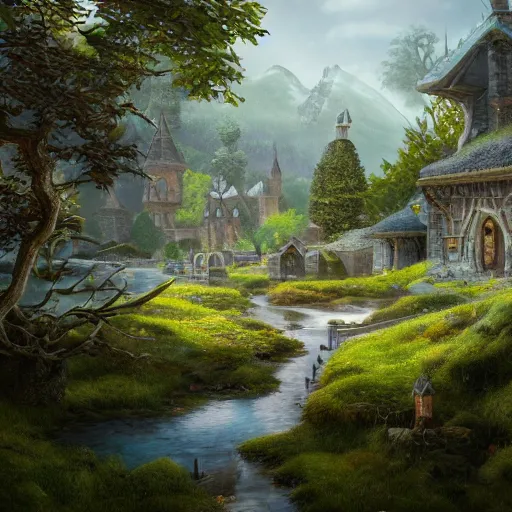 Image similar to A small elven village with elegant architecture in an open field, a winding white pathwalk and a small brook running through, clear blue skies in the background, sunsetting color, octane rendering, oil painting, mind-blowing detail, photoreaistic, trending on artstation, trending on deviant art, intricate, elegant, digital painting, saturated colors, smooth, sharp focus, art by artgerm and Todd Shorr