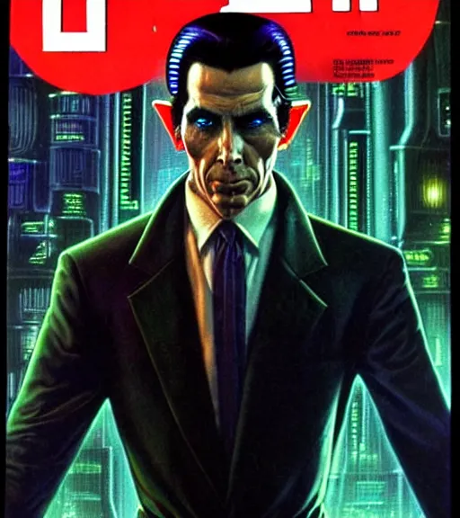 Image similar to a cyberpunk very ugly but sad mafia boss in a suit with slicked back black hair played by christen bale as an elf, 1 9 7 9 omni magazine cover, style by vincent di fate, artgerm, very coherent, hyper detailed, 4 k resolution, bright, unreal engine, daz