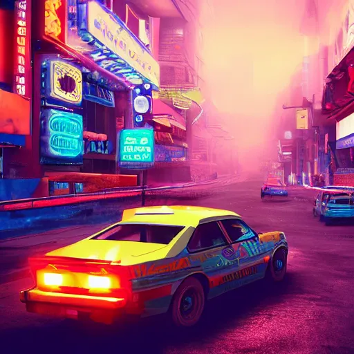 Image similar to a 3 d rendered in unreal engine guatemalan cyberpunk city with neon ads and signs with evocative dramatic mood with blade runner vibe with cars with motion blur with depth of field with bloom with lightshaft with volumetric lights, fog, by scott robertson, oscar winning graphics, photo realistic, bloom, imax, dynamic lighting, artstation,