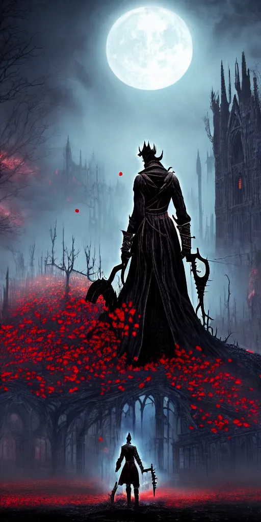 Prompt: abandoned bloodborne old valley with a person at the centre and a ruined gothic city at the end of the valley, trees and stars in the background, falling red petals, epic red - orange moonlight, perfect lightning, wallpaper illustration by niko delort and kentaro miura, 4 k, ultra realistic