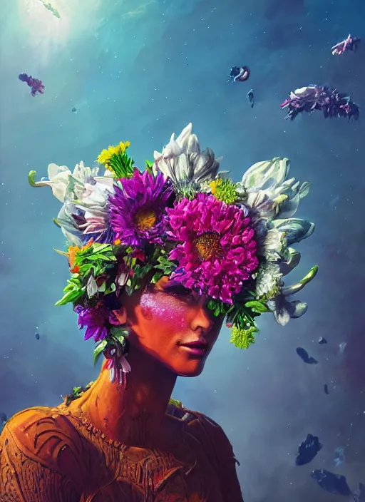 Image similar to An epic fantastic realism comic book style painting of the most beautiful flowers launched into space, bouquets, Shamanic Mask, fisheye lens, unreal 5, DAZ, hyperrealistic, octane render, dynamic lighting