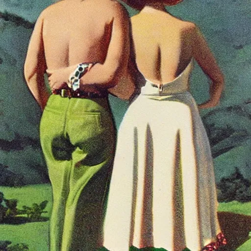 Image similar to “stunning, highly detailed portrait, very detailed, couple, from behind, blonde, remote village, from side, holding tin can, color vintage magazine illustration 1950”