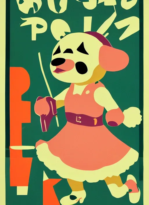 Image similar to Polish posters for Isabelle from Animal Crossing. Screen printed, silkscreen, two-tone paper texture. 1968