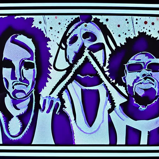 Prompt: electronic band lithograph by lance hidy with blue and purple hues