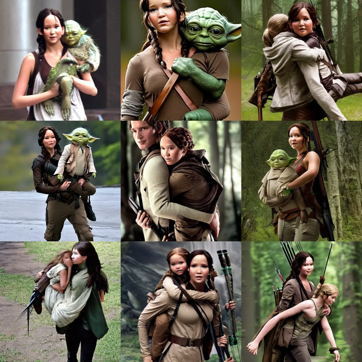 Prompt: Katniss Everdeen carrying Yoda on her back