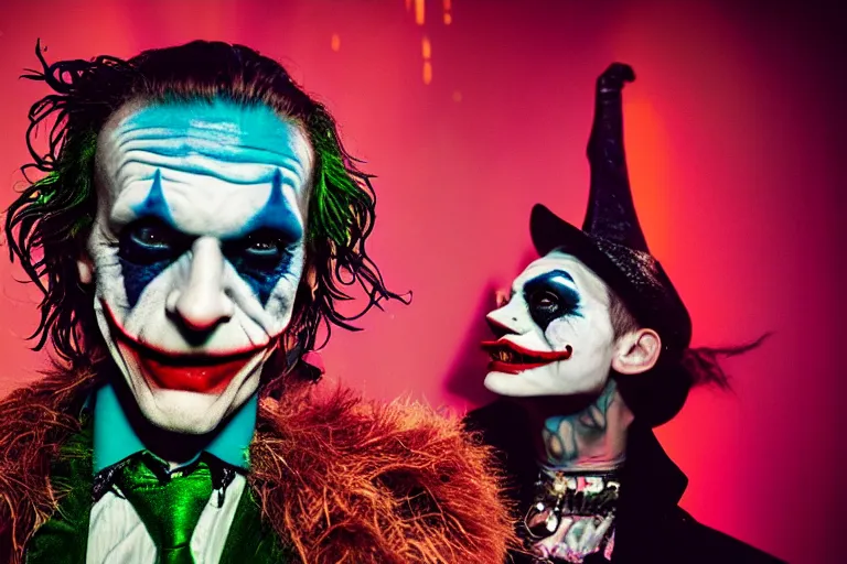 Image similar to 35mm color, illegal rave, portrait of Joker, fashion shoot, freak show, hyperdetailed, photorealistic, interesting, by David la chapelle and les edwards and david cronenberg and WETA digital, ID magazine, octane rendering, cinematic, hyperrealism, octane rendering, 8k, depth of field, bokeh.