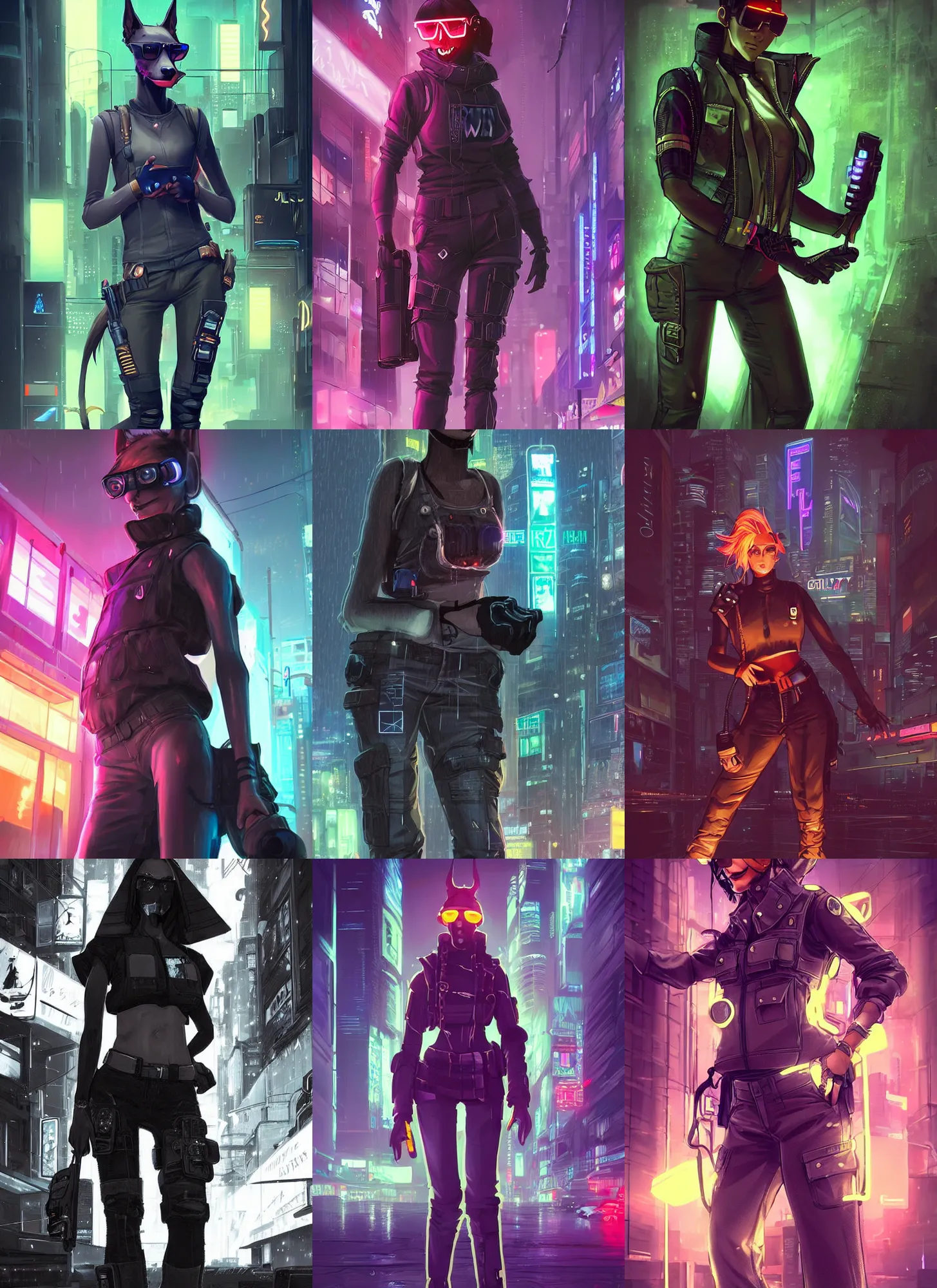Prompt: beautiful portrait commission of a female furry anthropomorphic doberman wearing a bullet proof vest and cargo pants. cyberpunk city at night in the rain. neon light. atmospheric. character design by charlie bowater, ross tran, artgerm, and makoto shinkai, detailed, inked, western comic book art