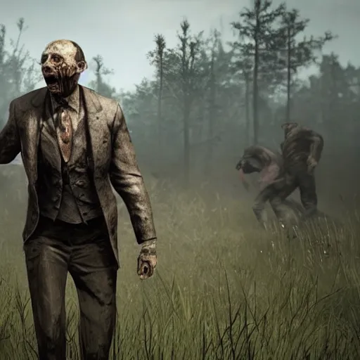 Image similar to vladimir putin running from zombies in hunt showdown