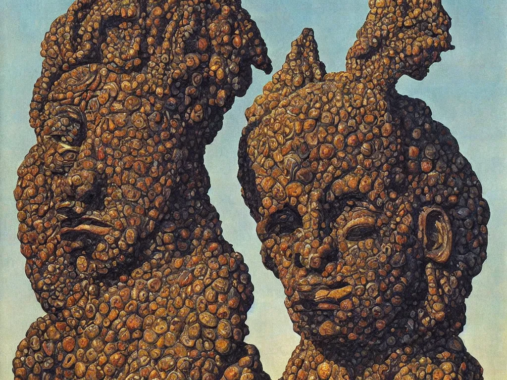 Image similar to African god mask, sculpture, Henri Moore giant, blue eyed, looking from the water conch. Boulders of marbled rocks, spiked, wings. Painting by Rene Magritte, Moebius, Jean Delville, Max Ernst, Maria Sybilla Merian, Alfred Kubin