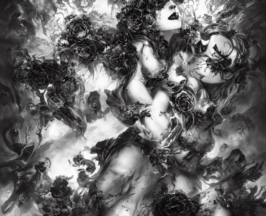 Image similar to a chaotic goddess of death skull black rose s day of the dead atmospheric, dramatic, concept art by a professional manga illustrator, Stanley Artgerm Lau, WLOP, Rossdraws, James Jean, Andrei Riabovitchev, Marc Simonetti, and Sakimichan hyperrealist, cinema4D, 8k highly detailed ❤️‍🔥 🔥 💀 🤖 🚀