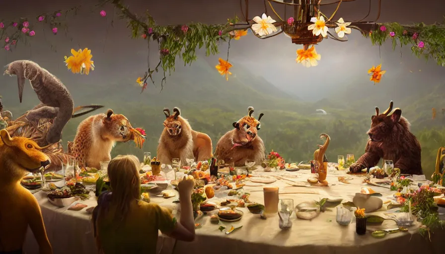 Image similar to a table dinner of exotic animals where animals are dressed like the characters from the midsommar movie wearing flowers, realistic detailed digital art by maxwell boas jessica rossier christian dimitrov anton fadeev trending on artstation cgsociety rendered in unreal engine 4 k hq