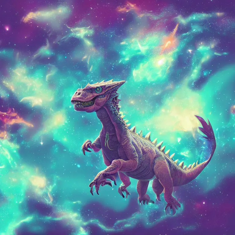 Image similar to a dinosaur dragon hybrid in space, nebula explosion, stars, glowing, fantasy, magical, triangle, loop, pattern, smoke, air, monster, box, spike, hair, flowery, artstation, digital art,