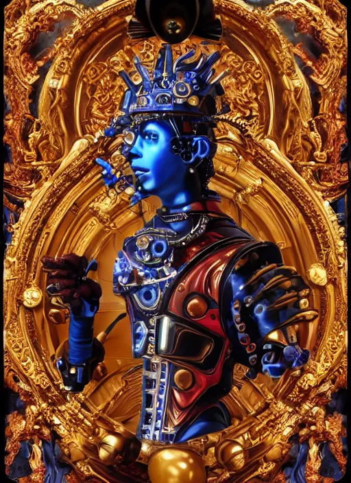 Prompt: baroque and cyberpunk style full-body sculpture of a young evil Hispanic prince half android with a chest exposing a glowing ruby battery, glowing pink seductive laser eyes, crown of blue gears and diamonds, swirling salmon-colored silk fabric, robotic raptors dinosaurs. baroque elements. full-length view. intricate artwork by caravaggio. art by Artgerm and Greg Rutkowski and Alphonse Mucha, Trending on artstation, cinematic industrial lighting, photorealistic, octane render, 8k, depth of field, 3D