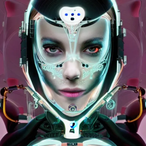 Prompt: The face of an extremely beautiful biomechanical female looking robot with Optical Sensors and large emoji tattoos, surrounded by a thin transparent force field,, extremely beautiful oppai cyberpunk, chimeric organism, pale skin, organic polycarbon, full frontal, portrait, highly detailed, symmetrical, mechanical, mendelbrot fractal, ray tracing, hyperdetailed, hyperrealistic, octane render, hdr, 8k