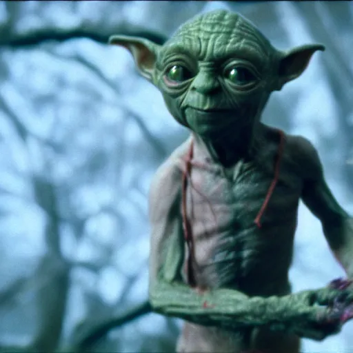 Image similar to A singular creature mix between Gollum and Yoda, center frame medium shot, shot on technicolor cinemascope 35mm anamorphic lense, flare, film grain, still from a 1980's movie