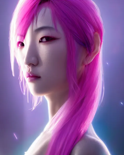 Image similar to portrait of a beautiful asian woman with pink hair as a cyberpunk cyborg half robot, sci - fi, missing panels, intricate abstract upper body intricate artwork, concept art, octane render, deviantart, cinematic, key art, hyperrealism, iridescent accents, portrait photograph, nikon 3 5 mm, photograph by greg rutkowski