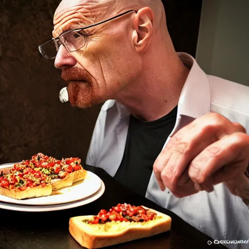 Prompt: walter white eating bruscetta, photography,