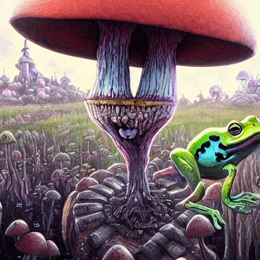 Prompt: A centered chest up portrait of a scary psychedelic godlike anthropomorphic frog smoking tobacco , magic mushroom village in background . award winning. superb resolution. in the art style of junji Ito and greg rutkowski . Detailed Mushroom city in background. Hyper realistic anime. Perfect art. Dalle2
