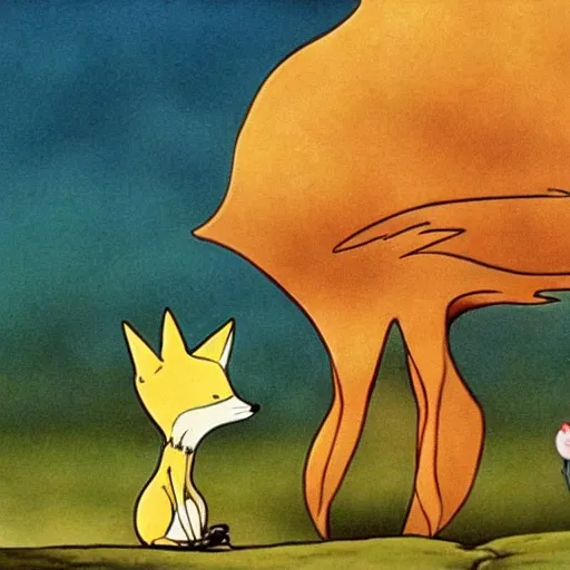 Image similar to the little prince talking to the fox, art by tim burton, animation shot