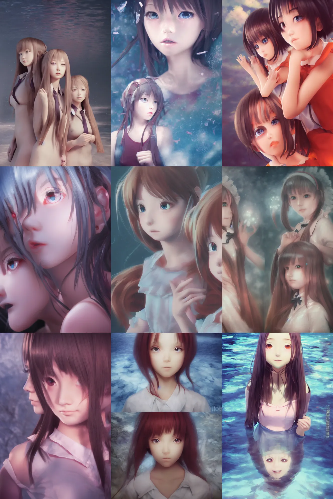 Prompt: 3d dark infrared octane render portrait of beauty anime schoolgirls under dark infrared water. ultra detailed face. dramatic light, trending on artstation, art by hiro kiyohara and hayao miyazaki oil painting.