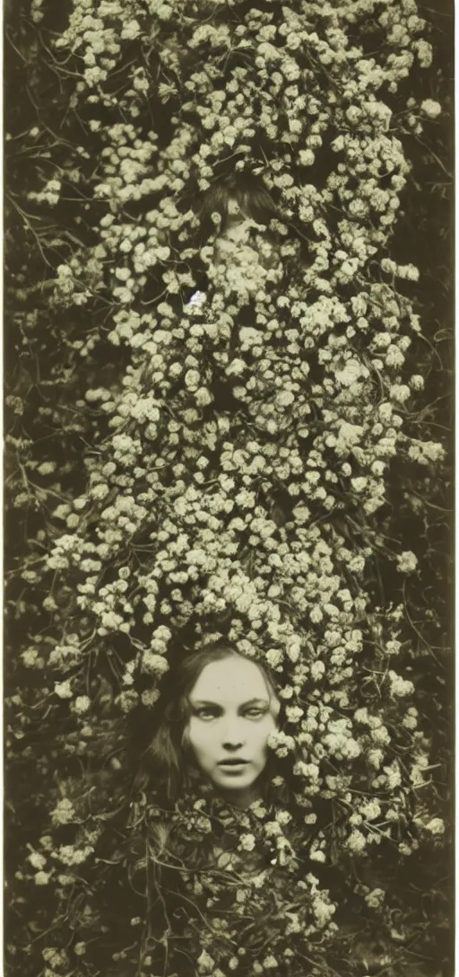 Image similar to portrait of a beautiful woman covered in flowers, Forest, ray gods, 1910 polaroid photography