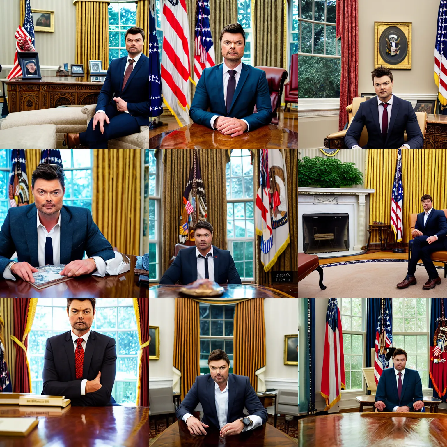 Prompt: headshot of karl urban as the president of the united states sitting in the oval office, EOS-1D, f/1.4, ISO 200, 1/160s, 8K, RAW, unedited, symmetrical balance, in-frame, Photoshop, Nvidia, Topaz AI