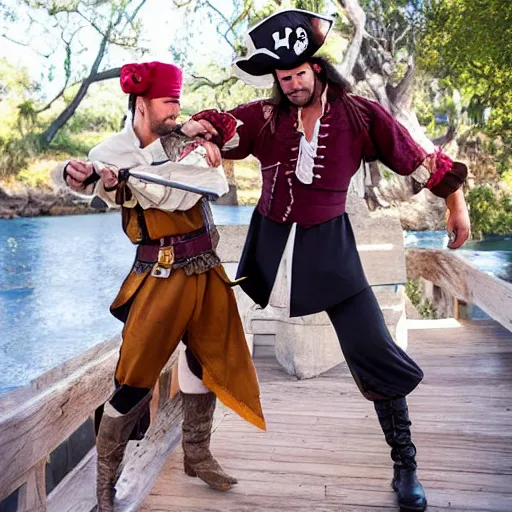 Prompt: a pirate fighting with a Disney Prince