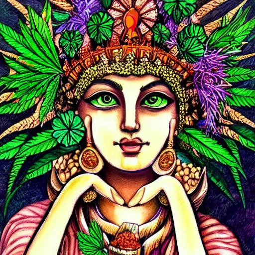 Image similar to goddess of plant medicine, and art detailed painting trending on pixiv, detailed illustration, stylized illustration, vivid colors cannabis