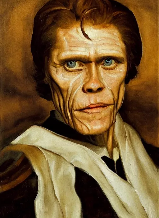 Image similar to regal painting of willem dafoe, renaissance oil painting, studious