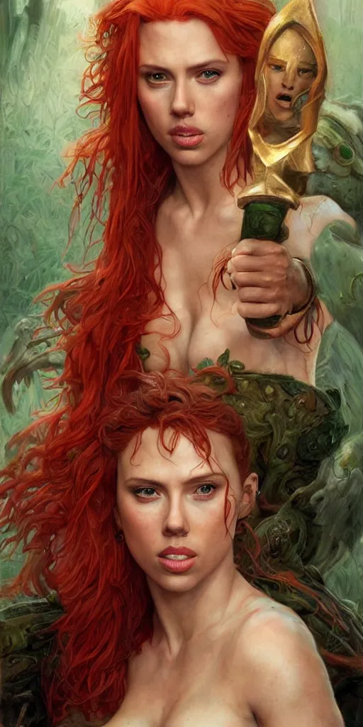 Image similar to epic masterpiece portrait of Red Sonja played by scarlett johansson, followed by head with many screaming faces, beautiful faces and flawless skin, perfect hands, emeralds by Edgar Maxence and Ross Tran and Michael Whelan