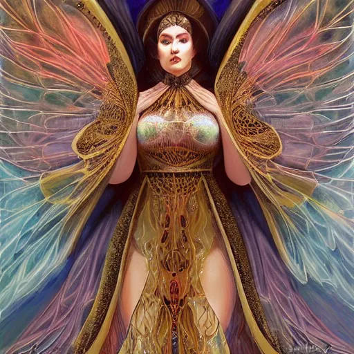 Image similar to a beautiful symmetrical plus size woman full body wearing algerian kaftan with translucent wings by alex gray and android jones , Karol Bak, Ayami Kojima, Amano , concept art, character design, fantasy,3D, 8k resolution