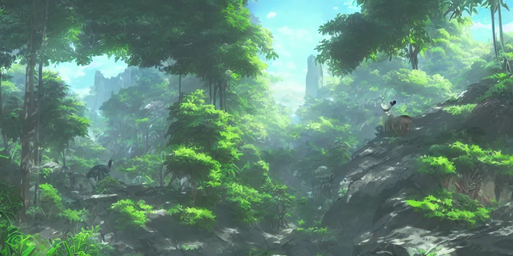 Image similar to Anime environment, huge jungle, animals, simple, rough draft, sketch, muted colors, 8k, trending on artstation