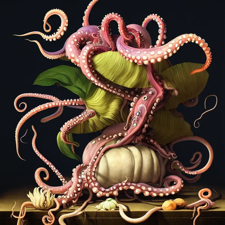 Prompt: still life of surreal alien squid, octopus, pastel tropical flowers, surreal alien ribbed tropical fruit, white human spine, baroque painting, beautiful detailed intricate insanely detailed octane render, 8K artistic photography, photorealistic, chiaroscuro, Raphael, Caravaggio