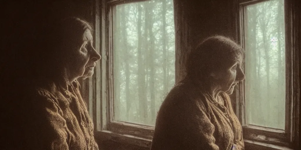 Prompt: portrait bust of a mother, tired expression, faded color film, russian cinema, tarkovsky, kodachrome, inside old cabin, next to window, heavy forest outside, long brown hair, old clothing, heavy fog, brown color palette, hudson river school, 4 k, dramatic lighting, greg rutkowski