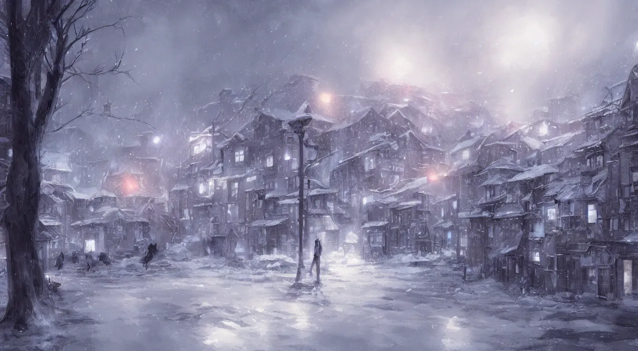 Prompt: The Melancholic Village in a Blizzard, Anime concept art by Makoto Shinkai