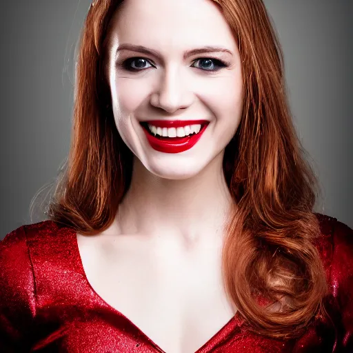 Prompt: professional headshot of an elegant female vampire smiling with droplets of blood splattered across her face. high resolution, realistic, professional lighting, nikon camera, 8 k, imdb. com