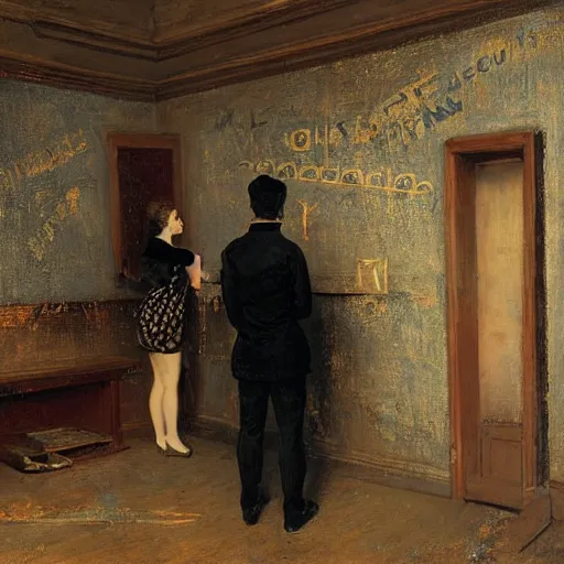 Image similar to a young man and a young woman solving an escape room puzzle, mysterious markings on the wall, by alfred stevens