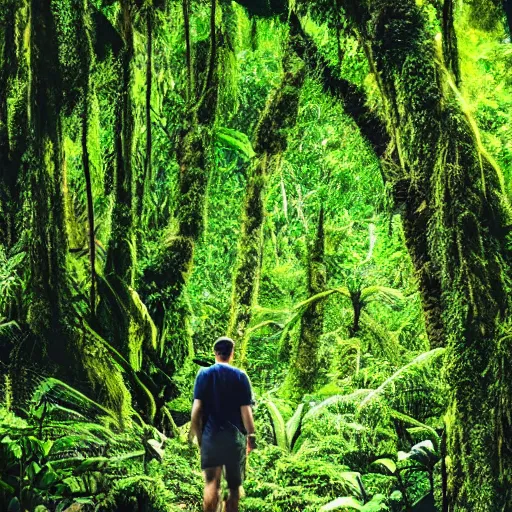 Prompt: man walking in rainforest, lush jungle, huge trees, very detailed, 8k, high quality
