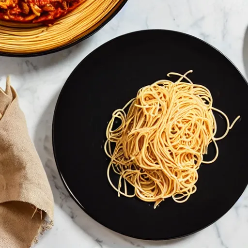 Prompt: a plate with spaghetti on it, it is garnished with a whole garlic, cookbook photo