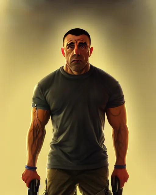 Image similar to character concept art of joe rogan in the movie training day, key visual, realistic shaded perfect face, fine details by stanley artgerm lau, wlop, rossdraws, james jean, andrei riabovitchev, marc simonetti, and sakimichan, trending on artstation