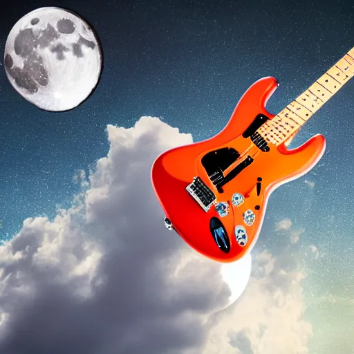 Prompt: 3 d stratocaster floating in the sky next to a full moon