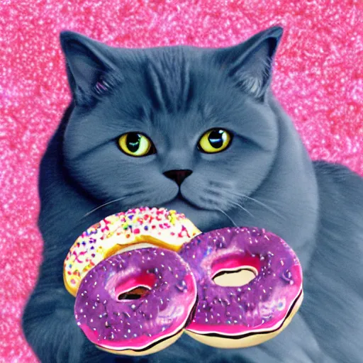 Image similar to a blue british shorthair cat diving into a pile of pink sprinkle donuts, photo, photorealistic,