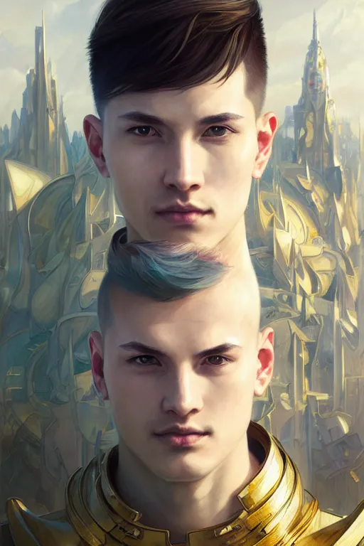 Image similar to portrait of a man with futuristic haircut, soft smile, final fantasy, league of legends champion, strong iridescent light, by chengwei pan and sakimichan and greg rutkowski and alphonse mucha, gradient white to gold, in front of a magical building background, highly detailed portrait, digital painting, smooth, focus illustration